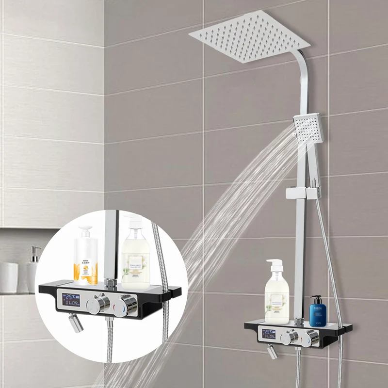 Douche - Regendouche - Douchewand - Douchekolom - Douchepanelen - Thermostatische Regendouche met Digitale Display - Slim & Stijlvol Douchesysteem - Chroom - Zilver