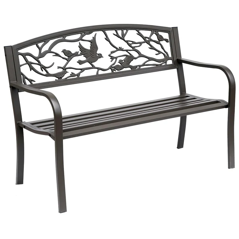 Tuin Bank - Tuinbank Hout - Tuinbanken - Garden Furniture - Stalen Tuinbank met Decoratieve Rugleuning en Dierenmotief - 127x60x85 cm - Chocoladebruin