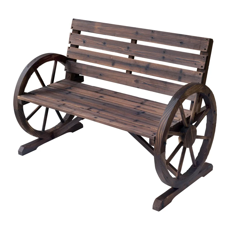 Tuin Bank - Tuinbank Hout - Tuinbanken - Garden Furniture - Rustieke Houten Tuinbank met Wagenwiel-Armleuningen - 2-Zits Bank van Vurenhout