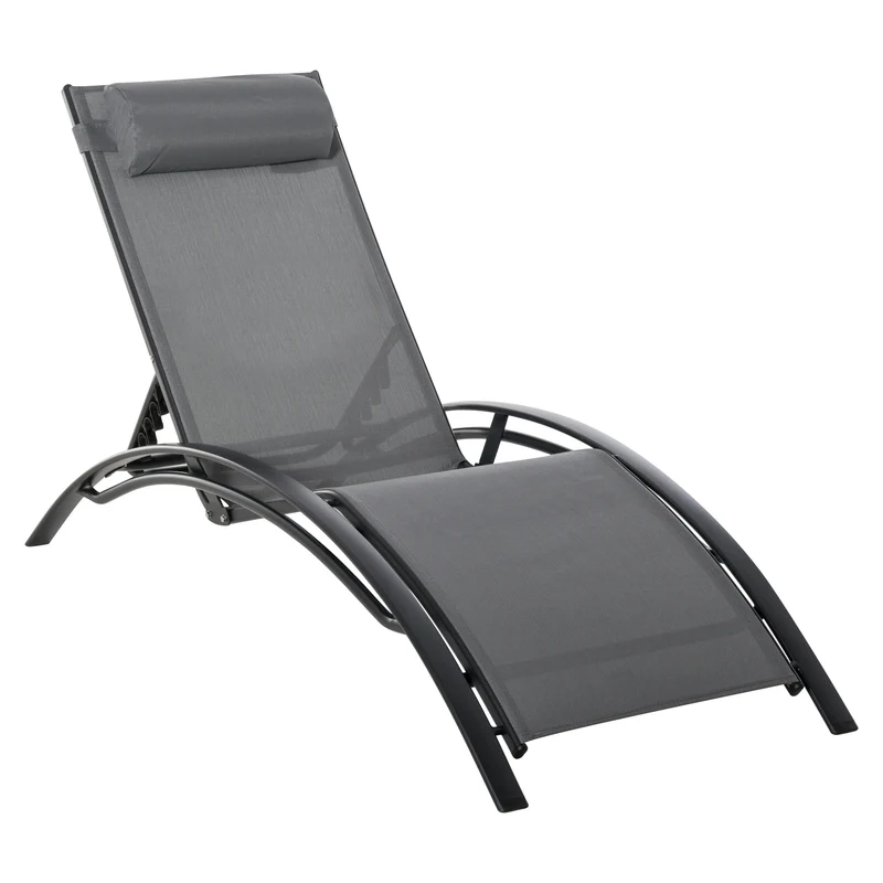 Verstelbare Lounger met Rugleuning en Afneembare Hoofdkussen - Tuinstoel voor Terras, Balkon en Zwembad - Grijze Aluminium Stoel