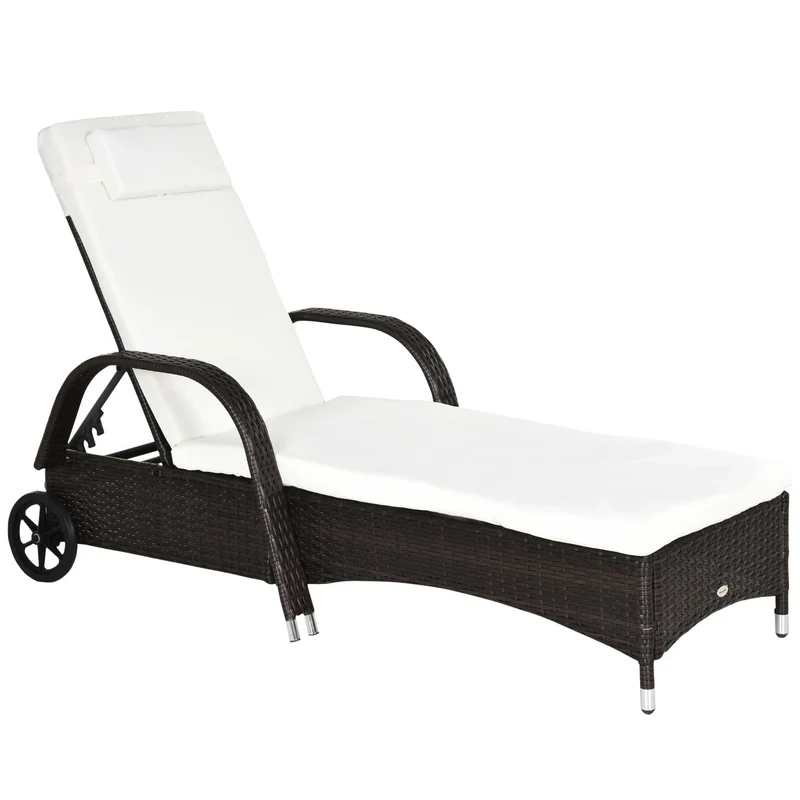 Rattan Tuin Lounger met Verstelbare Rugleuning en Kussens - 2 Wielen - Bruin Outdoor Zonnebed