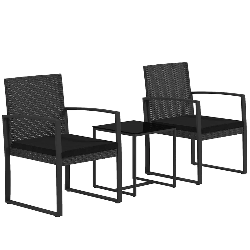 Set van Kunststof Rattan Tuinmeubelen met Zwarte Kussens - 3-delige Patio Set - Moderne Tuinmeubels - Comfortabele Fauteuils & Salontafel - Makkelijk Schoon te Maken Kussens - Duurzaam Stalen Frame