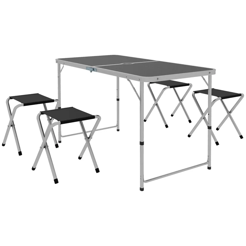 Vouwbare Campingtafel met Stoelen Set - 5-delige Zwart - Verstelbare Hoogte en Umbrella Hole
