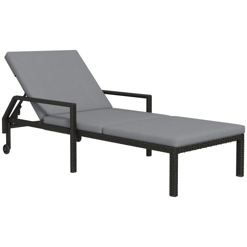 Rattan Lounger met Verstelbare Rugleuning - Handgeweven PE Rattan en Metalen Frame - Met Wielen - 5 Posities - 73x200x48 cm - Lichtgrijs en Zwart
