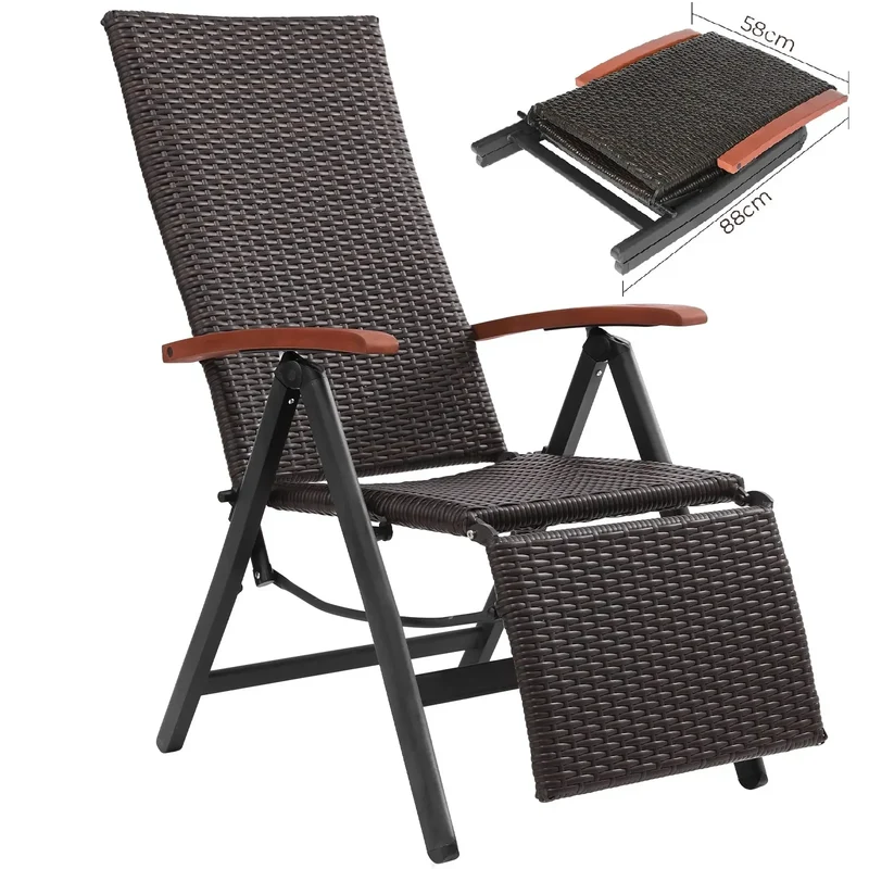 Opvouwbare Rattan Tuinstoel - 7-Positie Verstelbare Lounger - Buitenstoel met Brede Armleuningen - Aluminium Frame - Geschikt voor Tuin, Patio, Strand - Weerbestendig