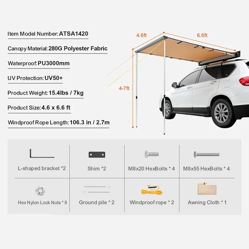 270° Luifel - Uitschuifbare - Autozijluifel - Waterdichte Dakluifel - voor SUV - Camper en Truck - 280G Polyester Stof - met PU3000mm Coating - 4.6x6.6ft
