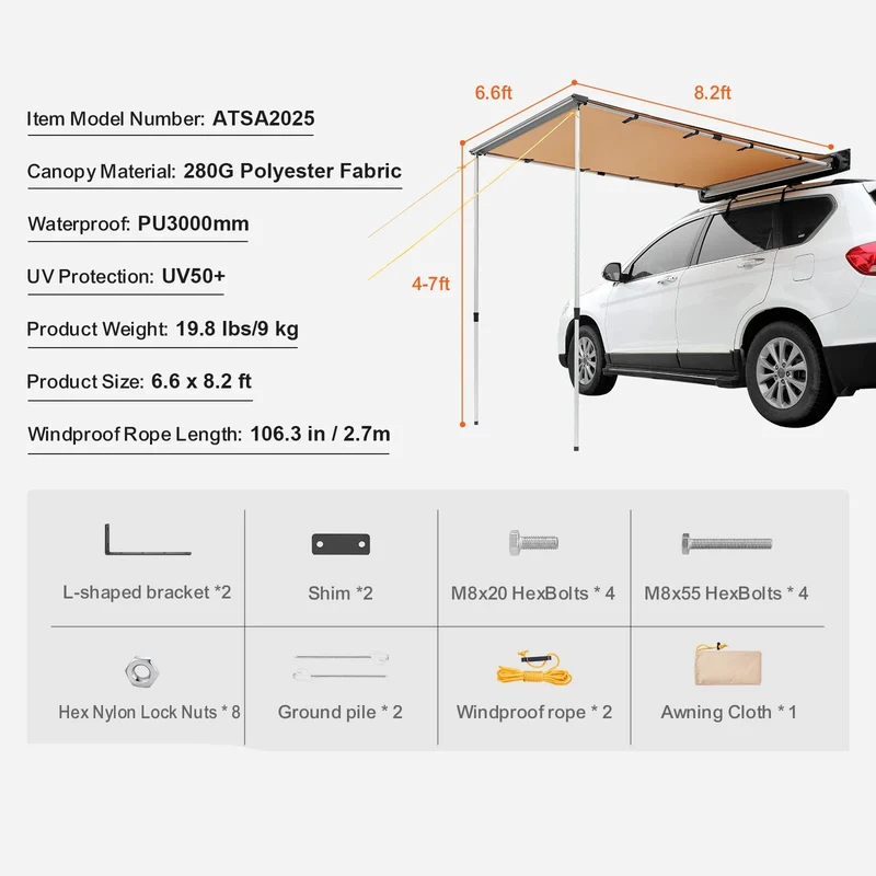 270° Luifel - Uitschuifbare - Autozijluifel - Waterdichte Dakluifel - voor SUV - Camper en Truck - 280G Polyester Stof - met PU3000mm Coating - 6.6x8.2ft