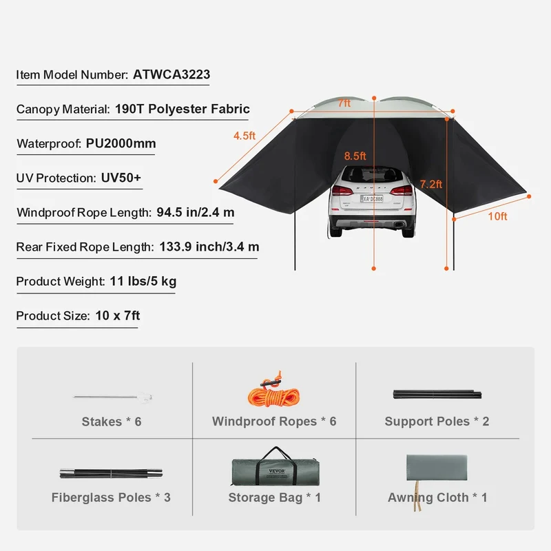 270° Luifel - Uitschuifbare - Autozijluifel - Waterdichte Dakluifel - voor SUV - Camper en Truck - 280G Polyester Stof - met PU3000mm Coating - 10x7ft