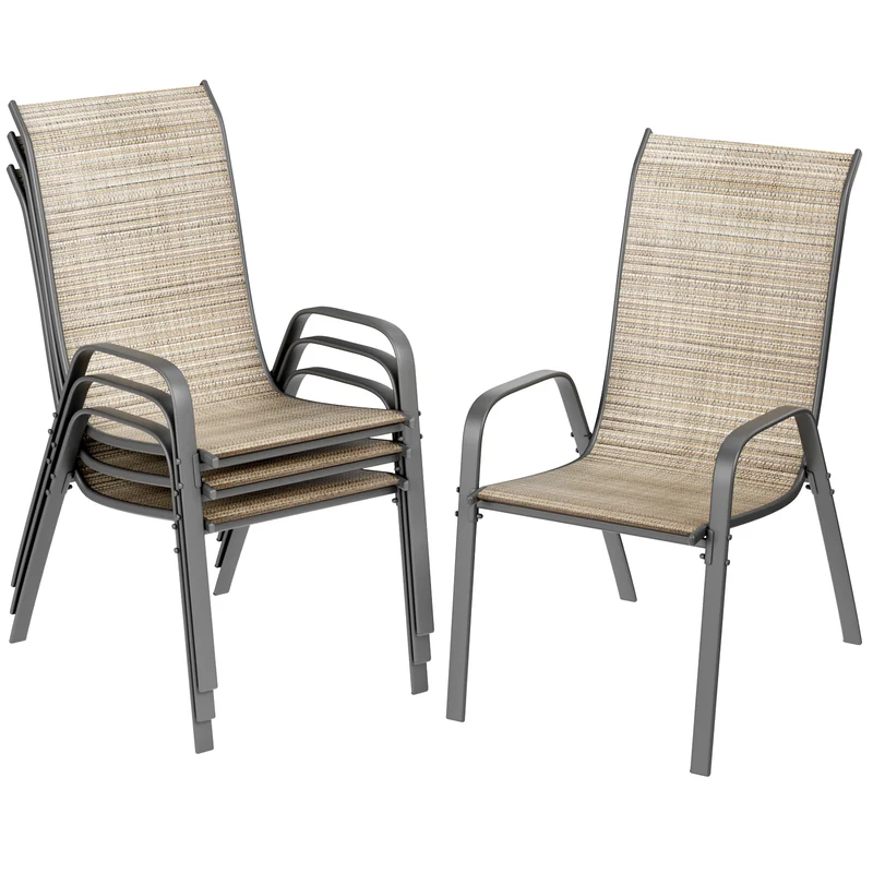 Tuinstoelen - Set van 4 - Stoelen - Metalen - Stapelbare - Weerbestendige - Ademend Textileen - Geschikt voor Terras - en Balkon - Comfortabel en Ademend - Draagvermogen 150 kg - Chocolade