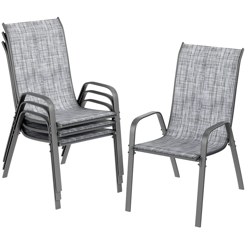 Tuinstoelen - Set van 4 - Stoelen - Metalen - Stapelbare - Weerbestendige - Ademend Textileen - Geschikt voor Terras - en Balkon - Comfortabel en Ademend - Draagvermogen 150 kg - Grijs