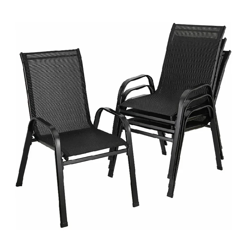 Tuinstoelen - Set van 4 - Stoelen - Metalen - Stapelbare - Weerbestendige - Ademend Textileen - Geschikt voor Terras - en Balkon - Comfortabel en Ademend - Draagvermogen 150 kg - Zwart
