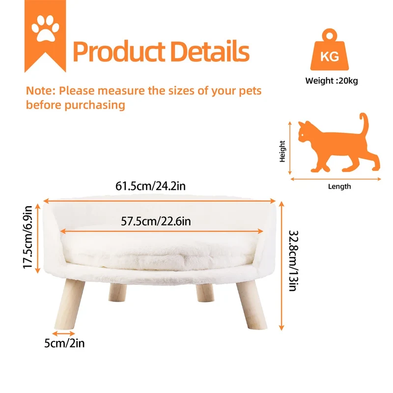 Kattenbed - Kattensofa - Zacht Warm - Pluche Fabric Pet - Nest Stoel Bed - Houten Poten - met Kussen Pad Wasbaar - en Waterdicht - voor Kleine Huisdieren - Duurzame Structuur