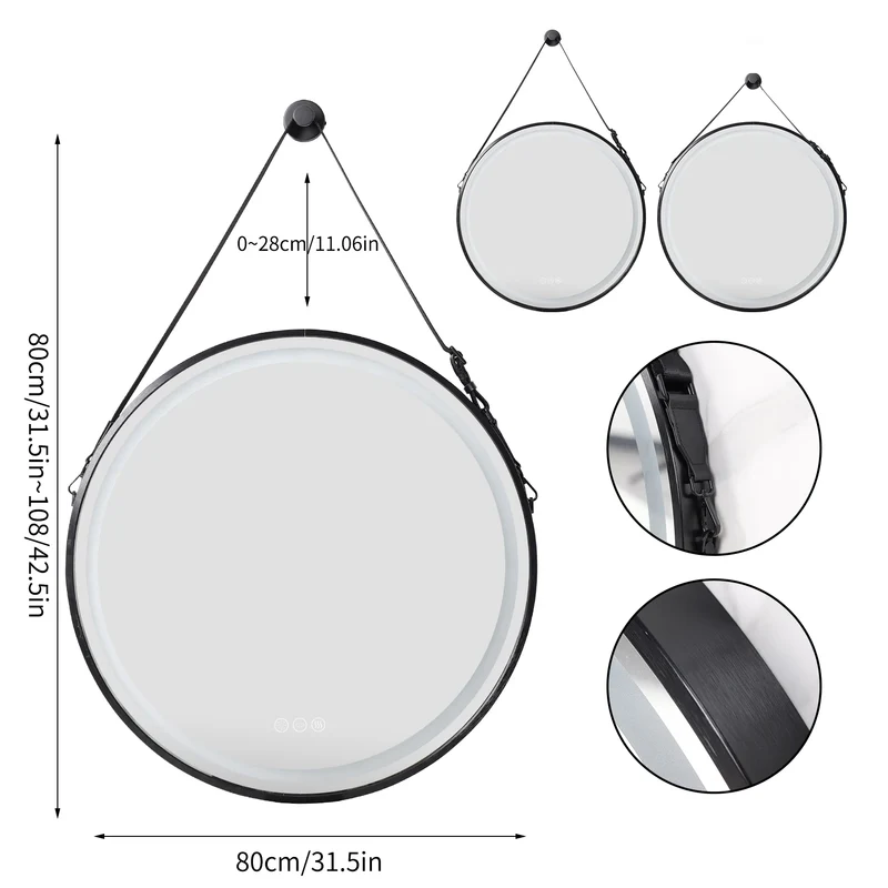 Badkamerspiegel - Ronde LED - Wandspiegel - met Anti-Fog Functie - Dimbaar en Aluminium Frame - Hoogwaardig HD Glas - Waterbestendig - Zwart 80CM