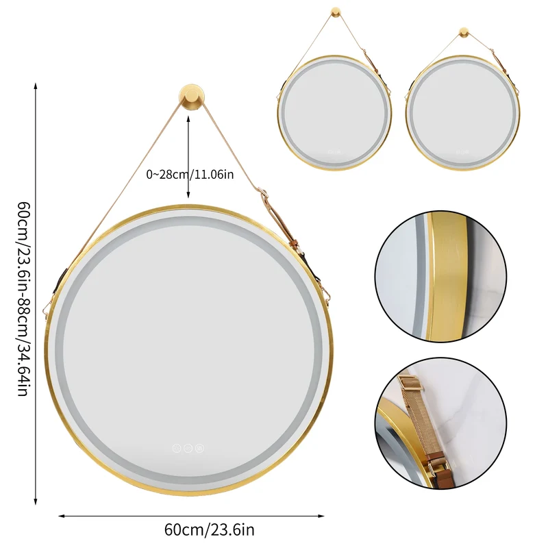 Badkamerspiegel - Spiegel - Spiegel met Verlichting - Smart Spiegel - Ronde LED Badkamerspiegel - 60CM - Goudkleurige Wandspiegel met Verlichting, Dimbaar en Anti-condens