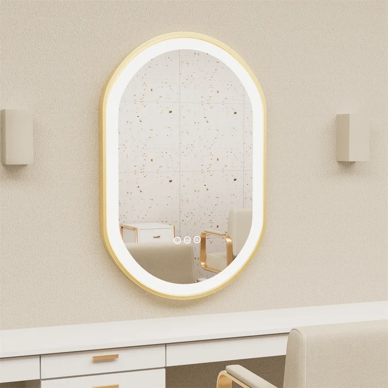 Badkamer Spiegel - Ovalen LED - Wandspiegel - Gouden Aluminium Frame - met Demister Pad - 3 Lichteffecten - 80x50CM