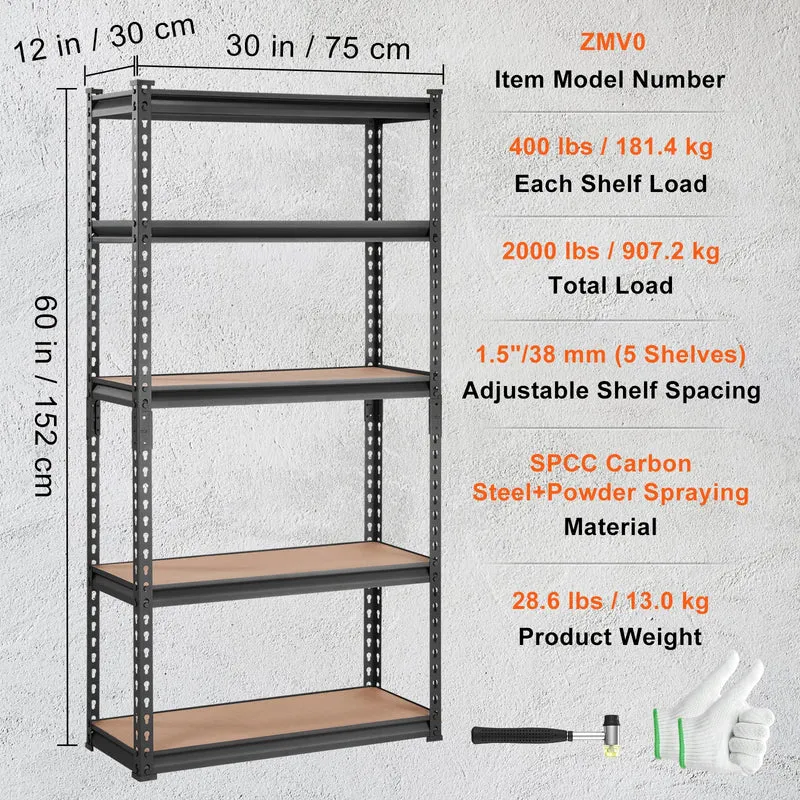 Opslagrek Metaal - Metalen Stellingkast - 5 Laags - Heavy Duty - Verstelbare Planken - Industriële Opbergrek - Voor Garage - Keuken - Magazijn - 12 x 30 x 60inch