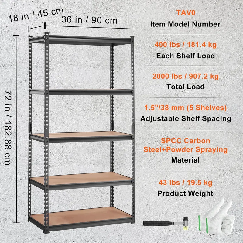 Opslagrek Metaal - Metalen Stellingkast - 5 Laags - Heavy Duty - Verstelbare Planken - Industriële Opbergrek - Voor Garage - Keuken - Magazijn - 18 x 36 x 72inch