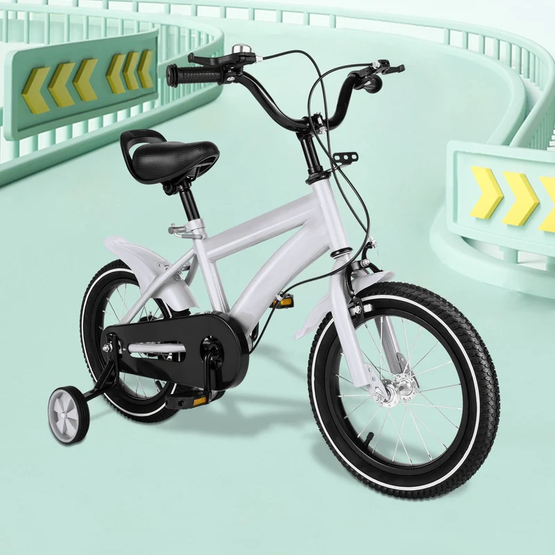 Kinderfiets - Kinderfiets met Zijwielen - 14inch - Stoere Fiets voor Kinderen 2-4 Jaar – Verstelbaar Zadel en Stuur – Met Opbergbak en Mand - Perfect voor Leren Fietsen - Verstelbare Hoogte, Carbon Staal & Zijwieltjes - Wit