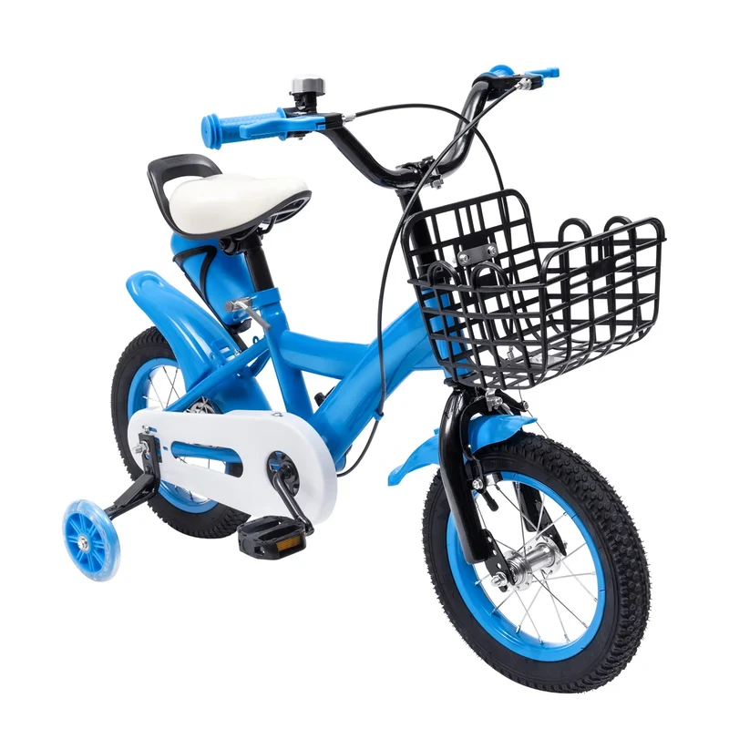 Kinderfiets - Kinderfiets met Zijwielen - 12 inch - Stoere Fiets voor Kinderen 2-4 Jaar – Verstelbaar Zadel en Stuur – Met Opbergbak en Mand - Perfect voor Leren Fietsen - Verstelbare Hoogte, Carbon Staal & Zijwieltjes - Blauw