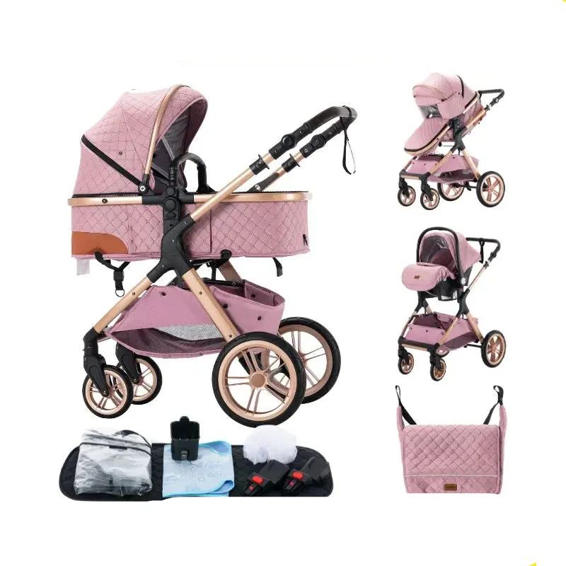 Stroller - Buggy - Kinderwagen 3-in-1 - Kinderwagens - Draagbare Reis Kinderwagen - Hoogland Pram -Multifunctionele Aluminium Frame Kinderwagen - Hoge uitvoering - Hoge versie - Khaki