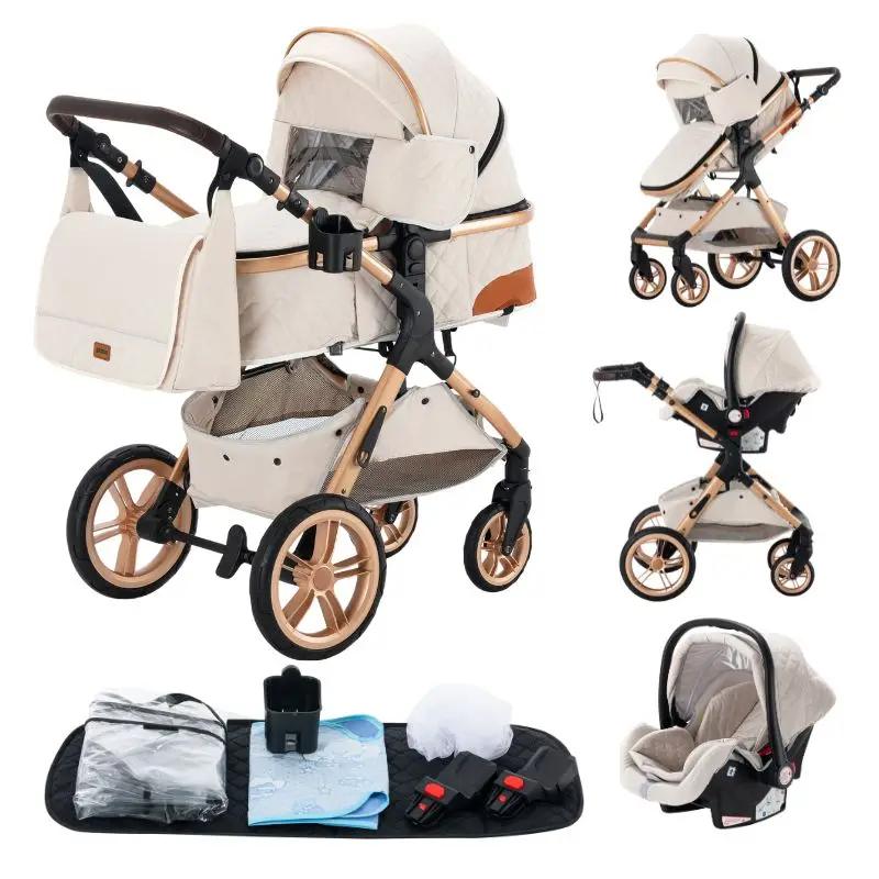 Hoge aluminium frame kinderwagen 3-in-1 - Opvouwbaar - Verstelbaar - Kinderwagen - 105 cm x 95 cm - Wit