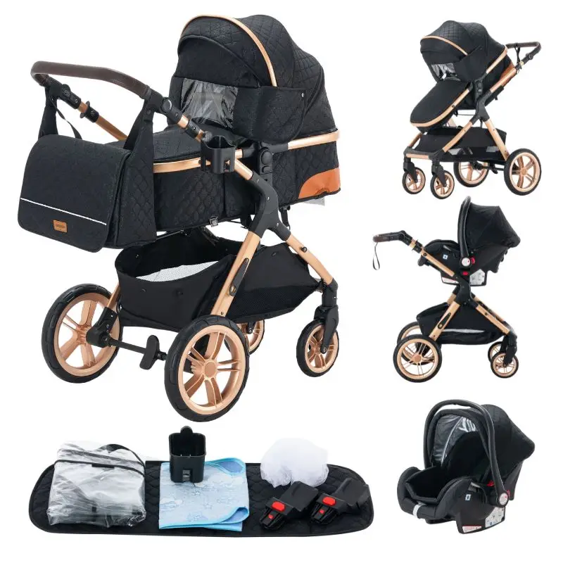 Hoge aluminium frame kinderwagen 3-in-1 - Opvouwbaar - Verstelbaar - Kinderwagen - 105 cm x 95 cm -Zwart