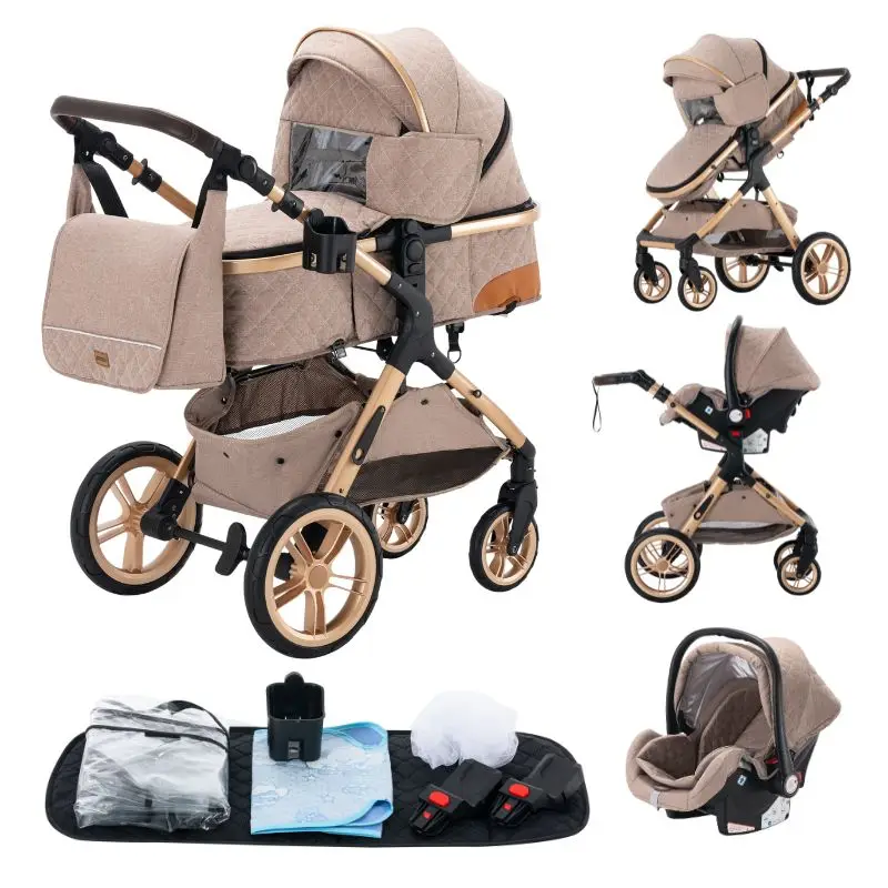 Hoge aluminium frame kinderwagen 3-in-1 - Opvouwbaar - Verstelbaar - Kinderwagen - 105 cm x 95 cm -Khaki