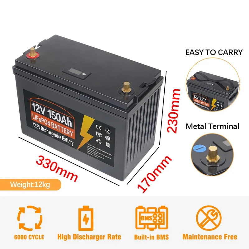 Accu - Draagbare Krachtcentrale - IJzerfosfaat Accu - Onderhoudsvrije Accu - 12V 150AH 120AH LiFePo4 Accu met Ingebouwde BMS - Lithium IJzerfosfaat Accu 6000 Cycli voor RV, Campers, Golfkar en Zonne-energie met Oplader