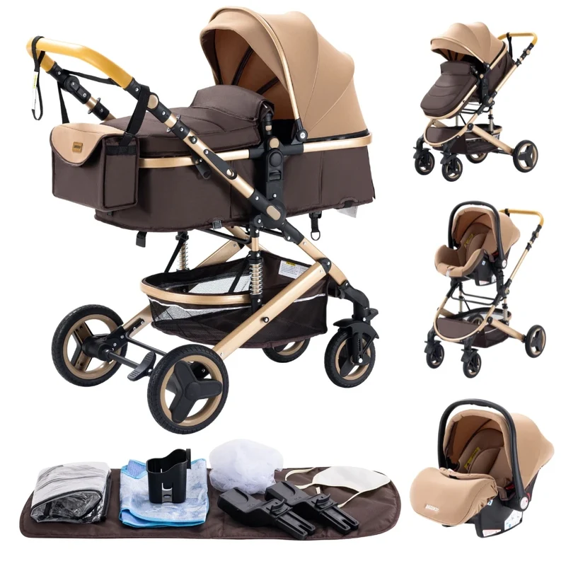Kinderwagen - Kinderwagen 3 in 1 - Stroller - Opklapbare Wandelwagen - Luxe Kinderwagen - 3-in-1 Luxe Kinderwagen – Draagbare Reiswieg, Inklapbaar, Aluminium Frame voor Pasgeborenen - 530 khaki 3in1