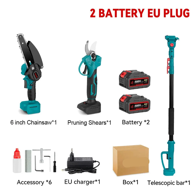 Mini Kettingzaag - Kettingzaag - Snoeizaag - Takkenzaag - Handzaag - Telescoop Kettingzaag - 3500W - 3-in-1 - Automatische Kettingsmering - Brushless - Tuin Schaar Snoei Gereedschap - 2 Batterij EU Stekker
