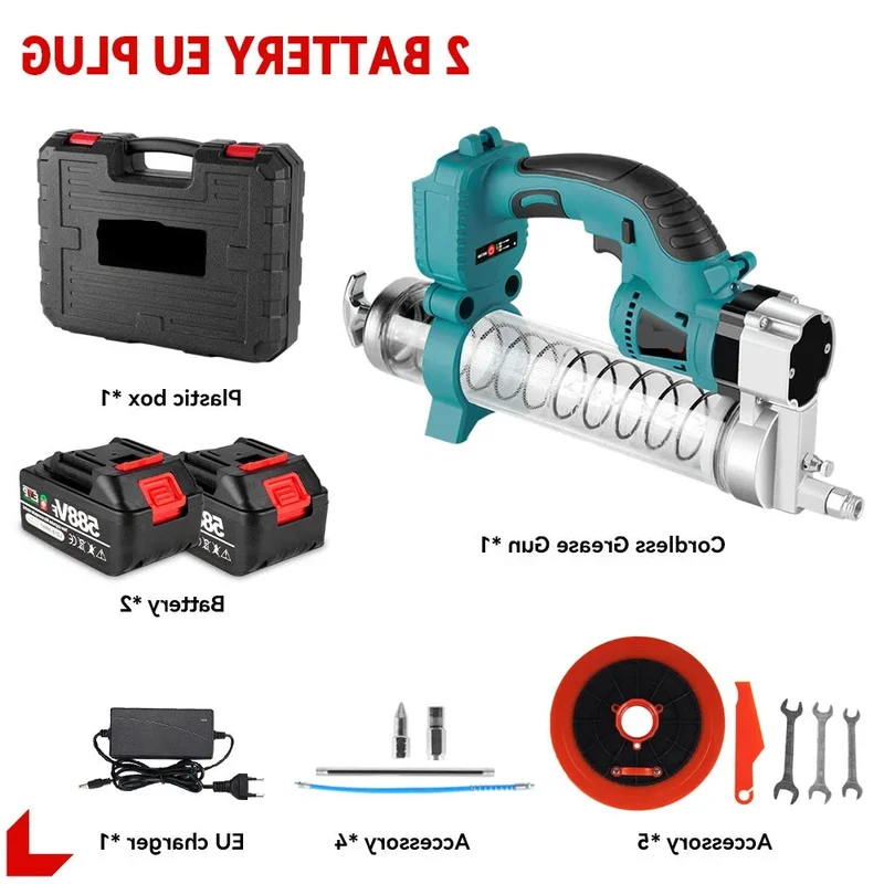 Vetspuit - Vetpomp - Smeermachine - Vetpistool - Smeerpistool - Vetinjector - Smeerapparaat - Smeergereedschap - 10.000 PSI - Draadloze Hogedruk Smeermachine voor Auto’s – met 2 Accu's & EU Stekker – Oplaadbaar Gereedschap Geschikt voor 18V Accu