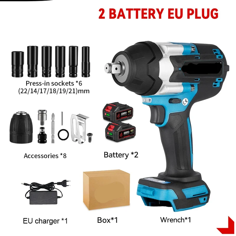 Slagmoersleutel - Slagschroevendraaier - Slagmoermachine - Slagmoersleutel met Accu - Slagmoersleutel Elektrisch - 1800NM - 1/2" - Draadloze Impact Schroevendraaier met 2 Batterijen, EU-Stroomadapter en 12 Accessoires
