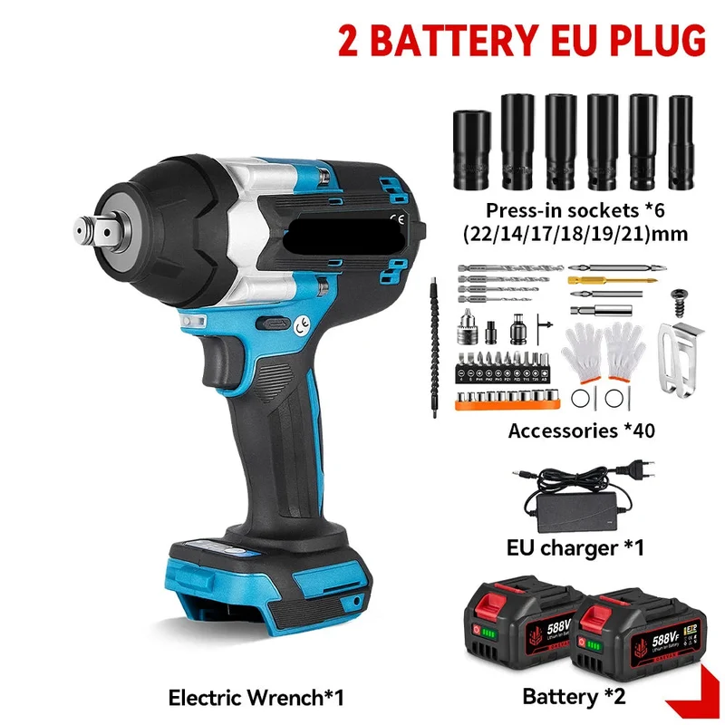 Slagmoersleutel - Slagschroevendraaier - Slagmoermachine - Slagmoersleutel met Accu - Slagmoersleutel Elektrisch - 1800NM - 1/2" - Draadloze Impact Schroevendraaier met 2 Batterijen, EU-Stroomadapter en 44-delige Accessoireset