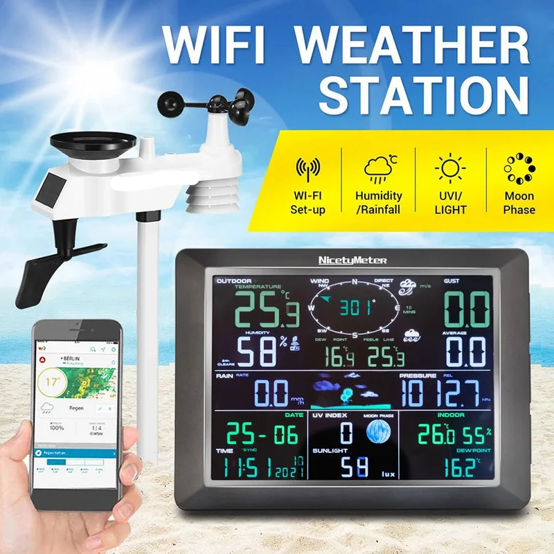 Weerstation - Weerstation Draadloos Binnen Buiten - Internet/Wifi Weerstation - Draadloos weerstation met Buitensensor - met Regenmeter, Windmeter en Buitensensor - Luchtvochtigheidsmeter