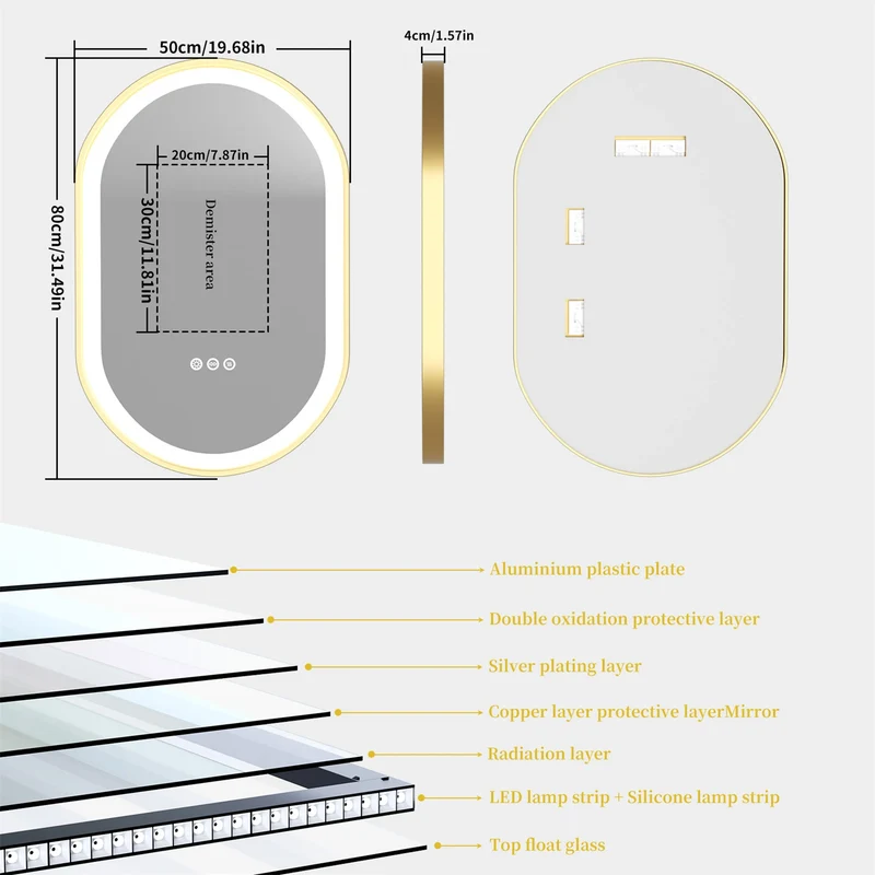 Badkamerspiegel - Spiegel - Spiegel met Verlichting - Smart Spiegel - Gouden Ovale LED Badkamerspiegel - 50x80CM - Verlichte Anti-condens Make-up Spiegel met Dimbare Smart Touch Functie