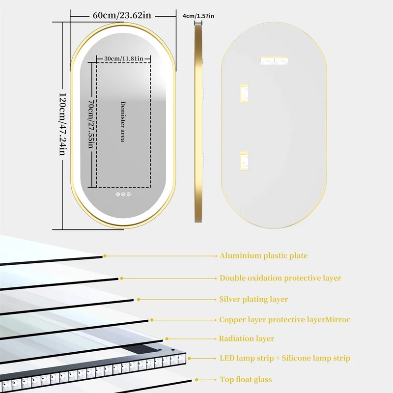 Badkamerspiegel - Spiegel - Spiegel met Verlichting - Smart Spiegel - Gouden Ovale LED Badkamerspiegel - 60x120CM - Verlichte Anti-condens Make-up Spiegel met Dimbare Smart Touch Functie