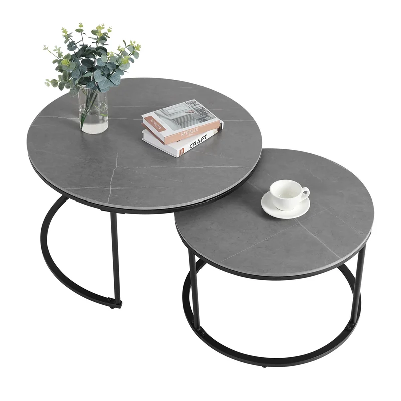 Salontafel - Tafel - Koffietafel - Dining Table - Set van 2 - Natuurlijke Marmeren Nesttafels in Donkergrijs met Metalen Poten - Rond