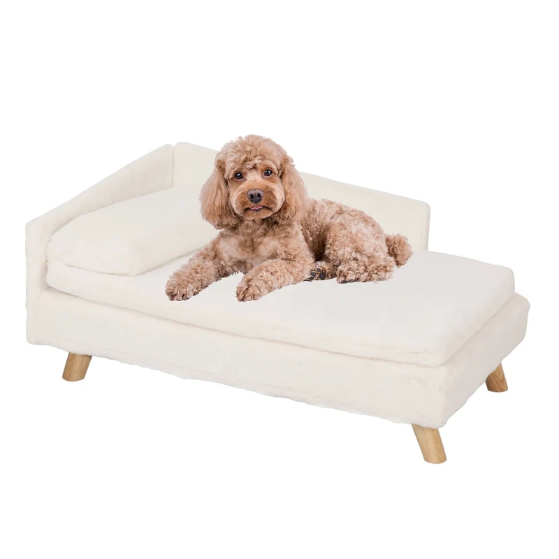 Hondenbed - Hondenbench - Hondensofa - Hondenmand - Verhoogd - met Houten Poten - Middelgrote L-vormige Honden- of Kattenbank met Zachte Kussen & Pluche Bekleding
