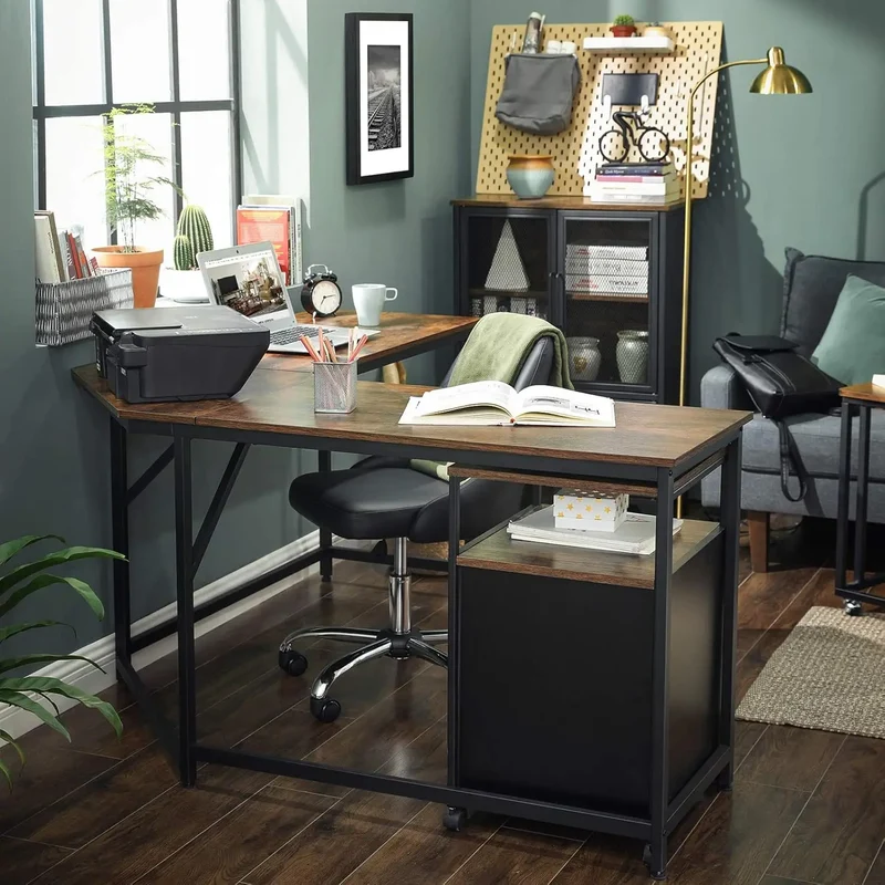 Gaming Bureau - Gaming Desk - Gaming Tafel - Computertafel - Computer bureau - 149x149cm – L-vormig Hoekbureau – Industrieel Design – Met Verwijderbare Plank - Bruin