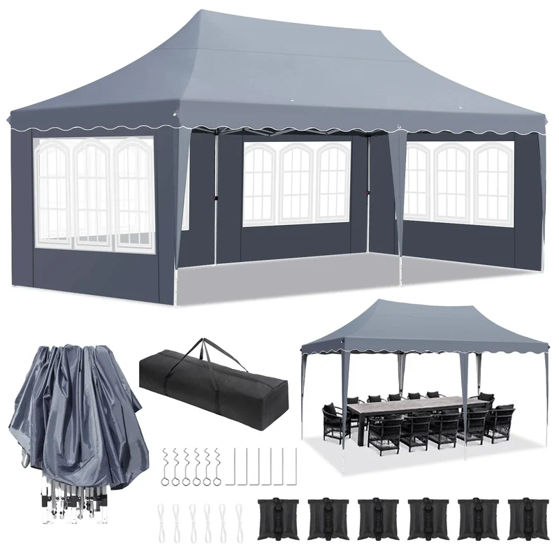 Tuinpaviljoen – Partytent – Pop-Up Tuinhuisje – Overkapping Tuin – Evenementen Tent – Markt Tent – Waterdicht – Aluminium Frame – Verstelbare Hoogte - 3x6m - Donkergrijs