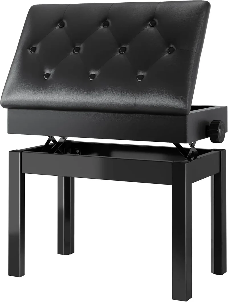 Pianokruk - Pianobank - Pianostoel - Verstelbare Pianobank met Opbergruimte – Zwart Kunstleer – 57x33x49-59cm – Comfortabele Zitting voor Volwassenen