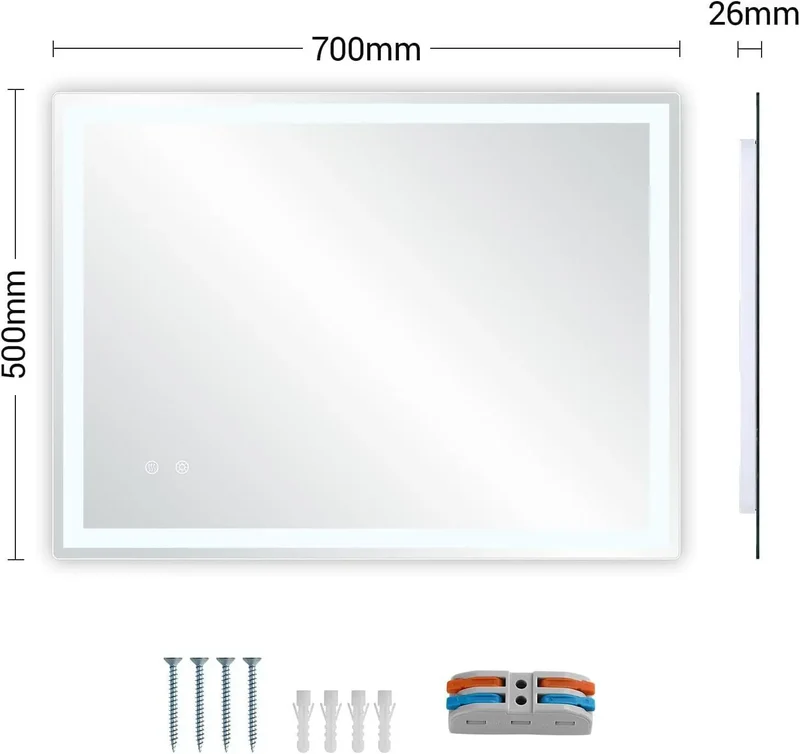 Badkamerspiegel - Spiegel - LED - 70x50cm - Vierkant Design met Verlichting – Anti-condens & Dimbaar – Wandmontage