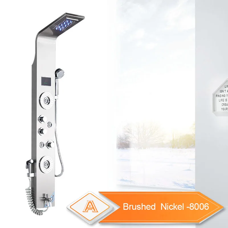 Douchepaneel - Douche - Regendouches - LED Douchepaneel met LCD Display - 6 Standen Waterfall & Regenmassage Systeem, Badmengkraan & Hydromassage Jets (Geborsteld Nikkel)