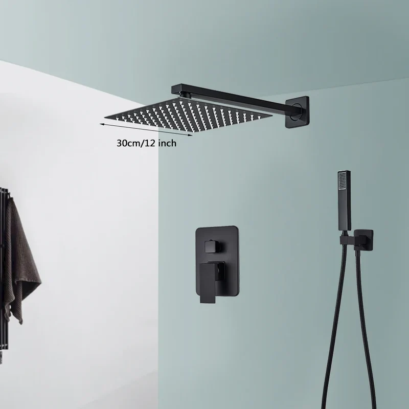 Douchekraan - Douchepaneel - Douche - Regendouches - Inbouw Douchekraan Systeem – 2-Weg Regendouche Set met 12 inch Douchekop & Thermostatische Mengkraan | Wandgemonteerd SUS304 - Zwart
