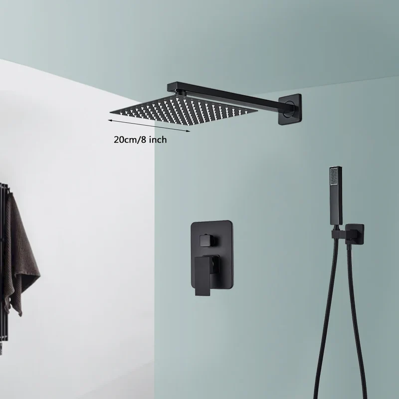 Douchekraan - Douchepaneel - Douche - Regendouches - Inbouw Douchekraan Systeem – 2-Weg Regendouche Set met 8 inch Douchekop & Thermostatische Mengkraan | Wandgemonteerd SUS304 - Zwart