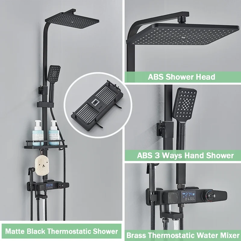 Douchekraan - Douchepaneel - Douche - Regendouches - Regendoucheset met Display, 4-Wegs Systeem, Plank & Bidetfunctie - Digitale Thermostatische - Zwarte