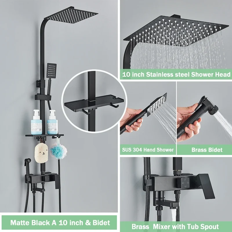 Regendouche - Douchekraan - Douchepaneel - Douche - 10 Inch Douchekop, Inbouw Wandmontage en Opbergplank - met Bidetfunctie - Zwart