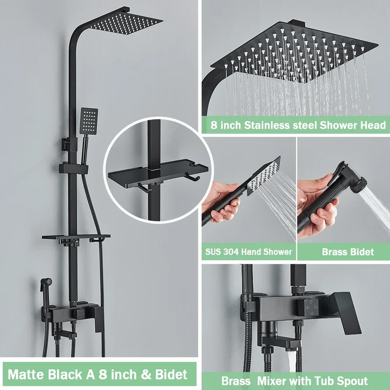 Regendouche - Douchekraan - Douchepaneel - Douche - 8 Inch Douchekop, Inbouw Wandmontage en Opbergplank - met Bidetfunctie - Zwart