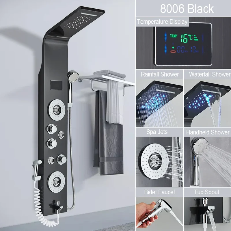 Douche - Regendouche - Douchewand - Douchekolom - Douchepanelen - Matte LED Douchepaneel met Waterval, Regendouche en Massagejets - Zwart