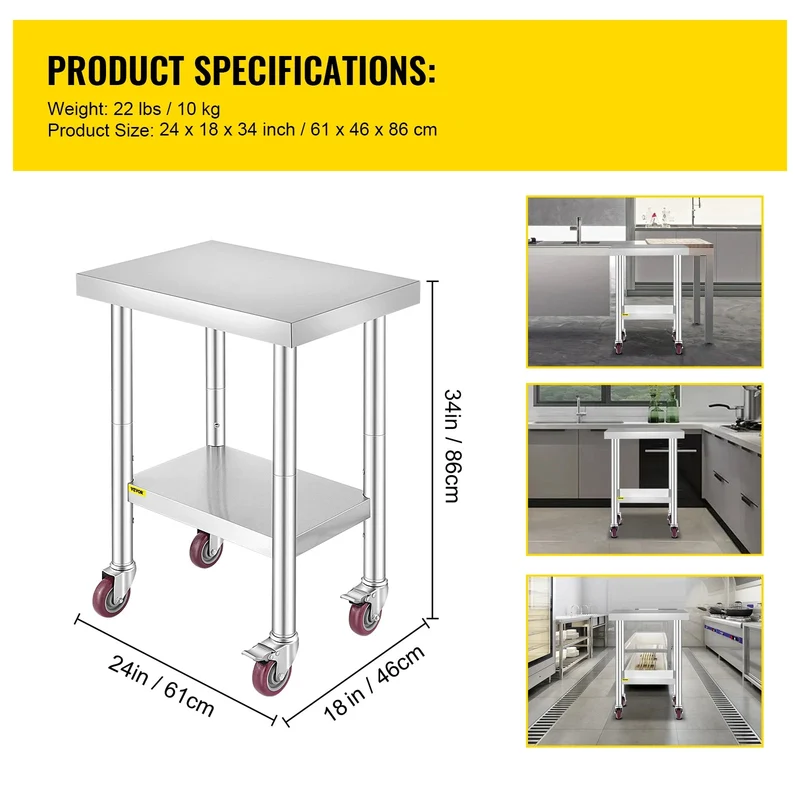 Keukentrolley - Serveerwagen - Keukeneiland - Kookeiland - Keuken Werktafel - Roestvrijstalen Werktafel - 24 x 18 inch - Met Opslagrekken & Wielen